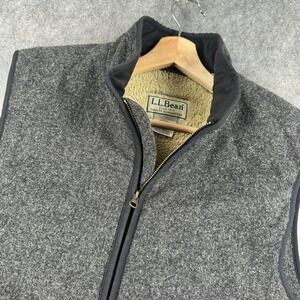 LL Bean Vest Mens Large Gray Wool Sherpa Fleece Lined Full Zip Outdoor Insulated